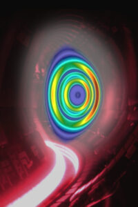 Composite photo / simulation image of the flows inside the hot fusion plasma of the JET tokamak. Credits — plasma photo: UKAEA; flow calculation: FAR3D code