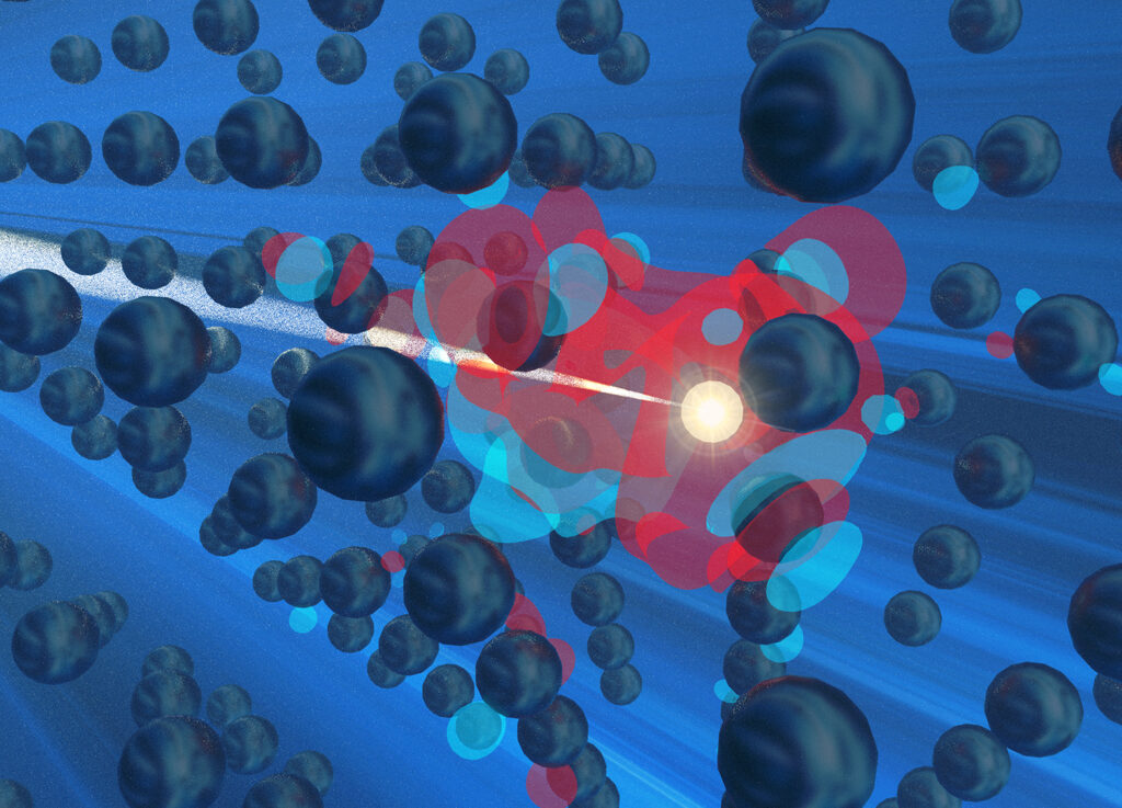 An artistic illustration depicts an ion flying through a lattice. Image: Evgeniia Ponomareva / Aalto University